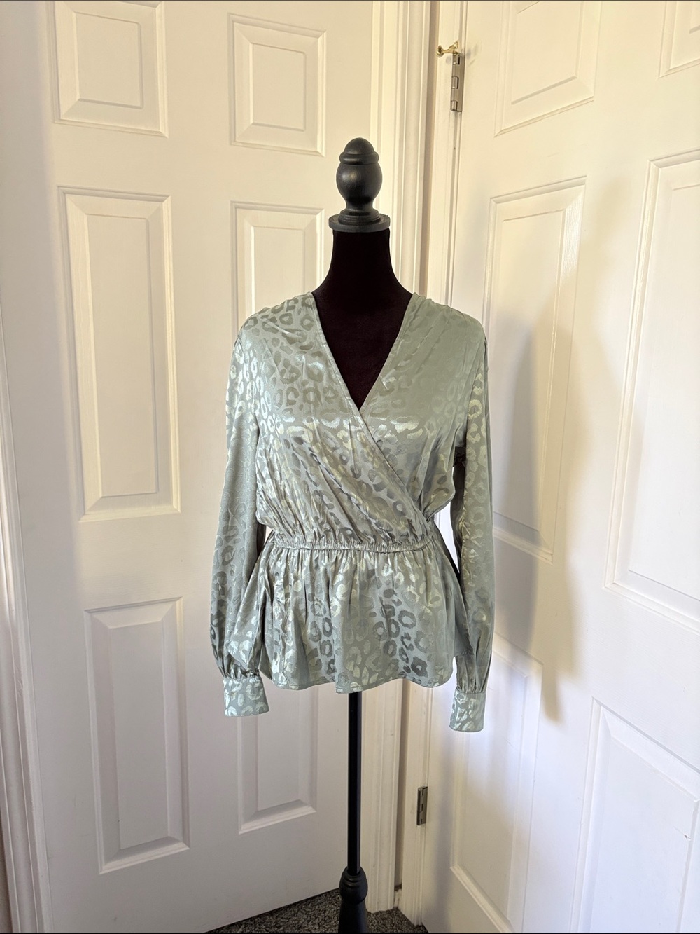 Self Esteem Sage Green Satin Wrap Peplum Blouse